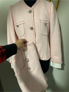 Zara Light Pink Bouclé Blazer with Decorative Silver Buttons